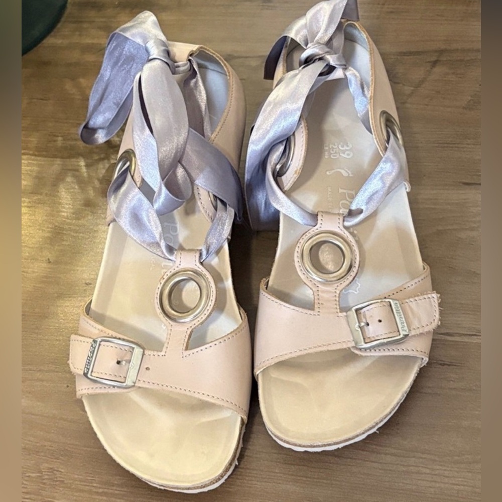 🩰NWOB Narrow Birkenstock Papillio Emmy Wedge Blush Sandals w/ Ribbon 39 8.5N